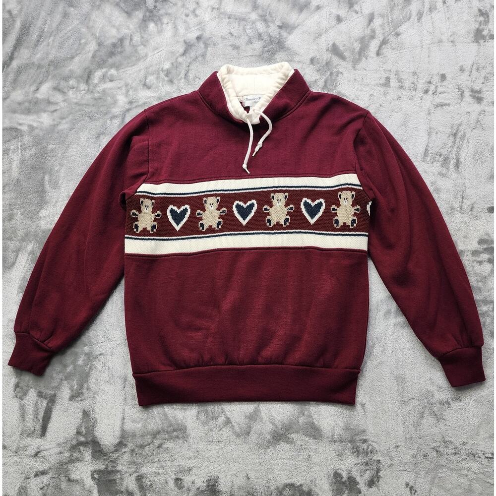 Vintage 90s Bonnie Evans Sport Sweatshirt Women M Funnel Neck Teddy Bears Hearts